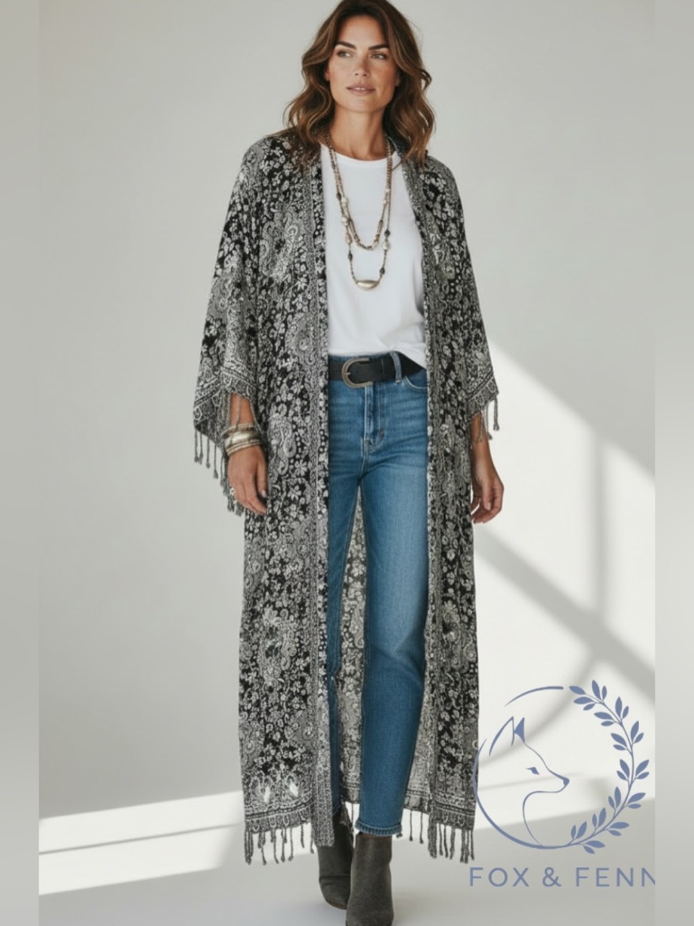 NWT Ashley Taylor Luxe Embroidered‎ Boho Kimono Duster Fringe OS
